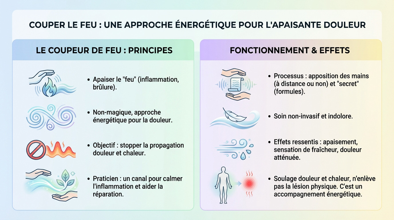 Mains d'un coupeur de feu apaisant une zone douloureuse par magnétisme