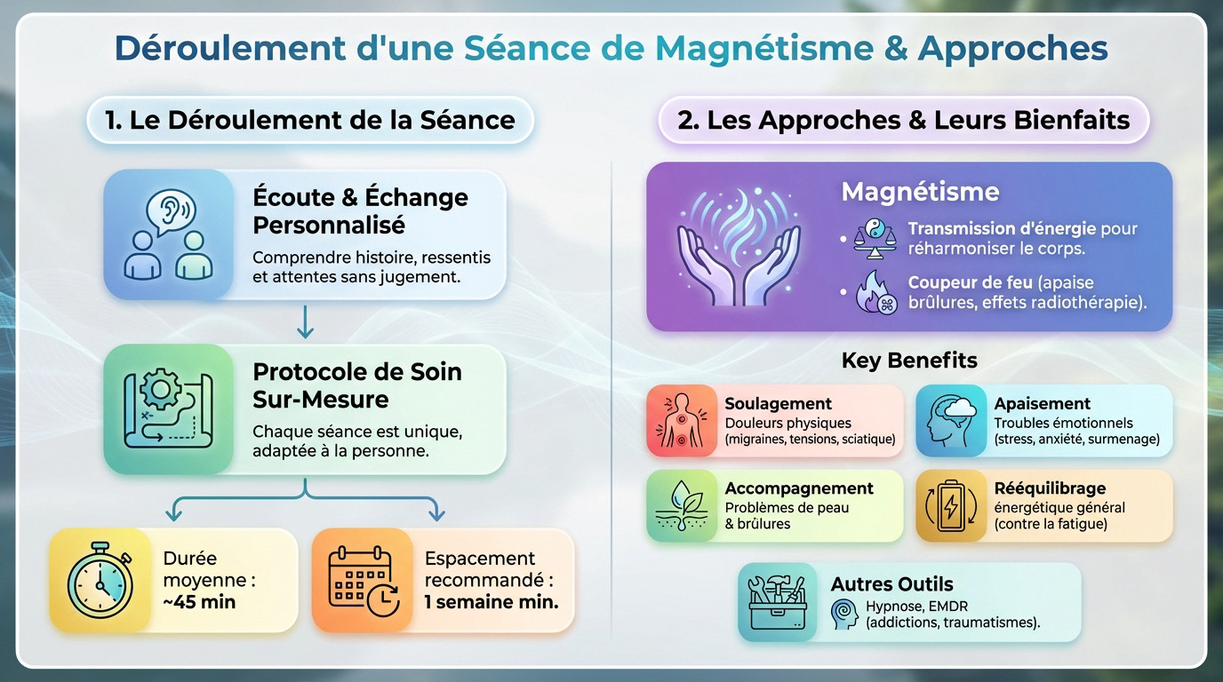 Déroulement d'une séance de magnétisme douce et apaisante près de Villeurbanne