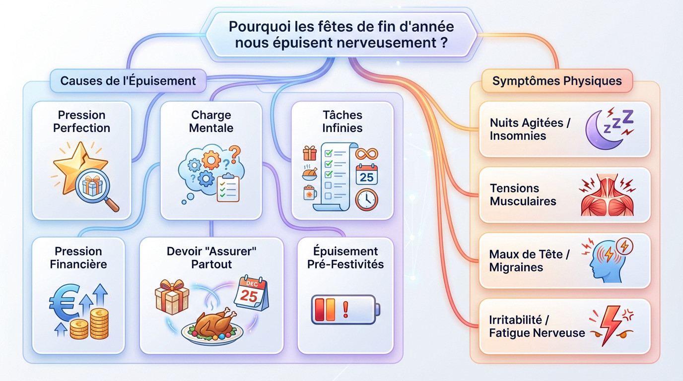 Femme ressentant de l'épuisement et des tensions musculaires à cause du stress des fêtes