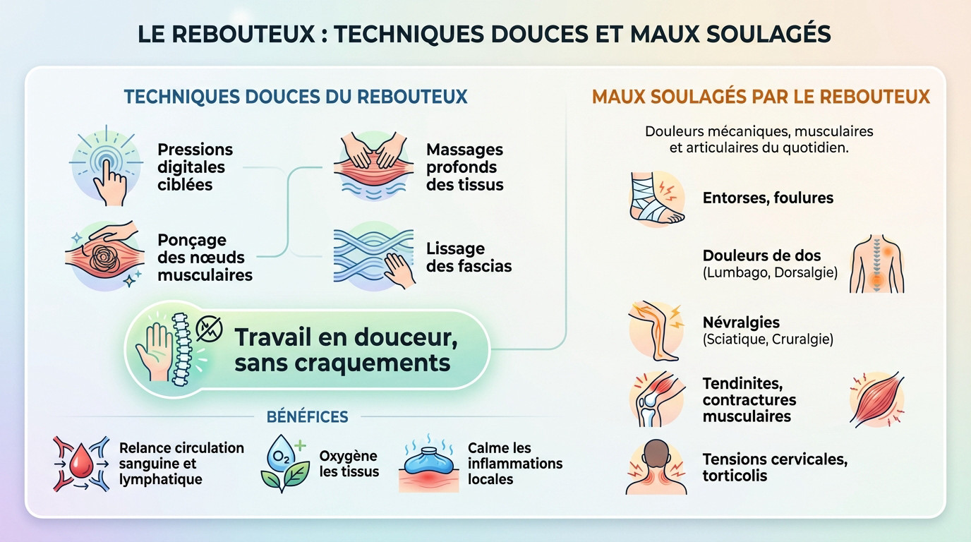 Séance de reboutement douce : mains de la praticienne apaisant une tension musculaire sur l'épaule d'un patient