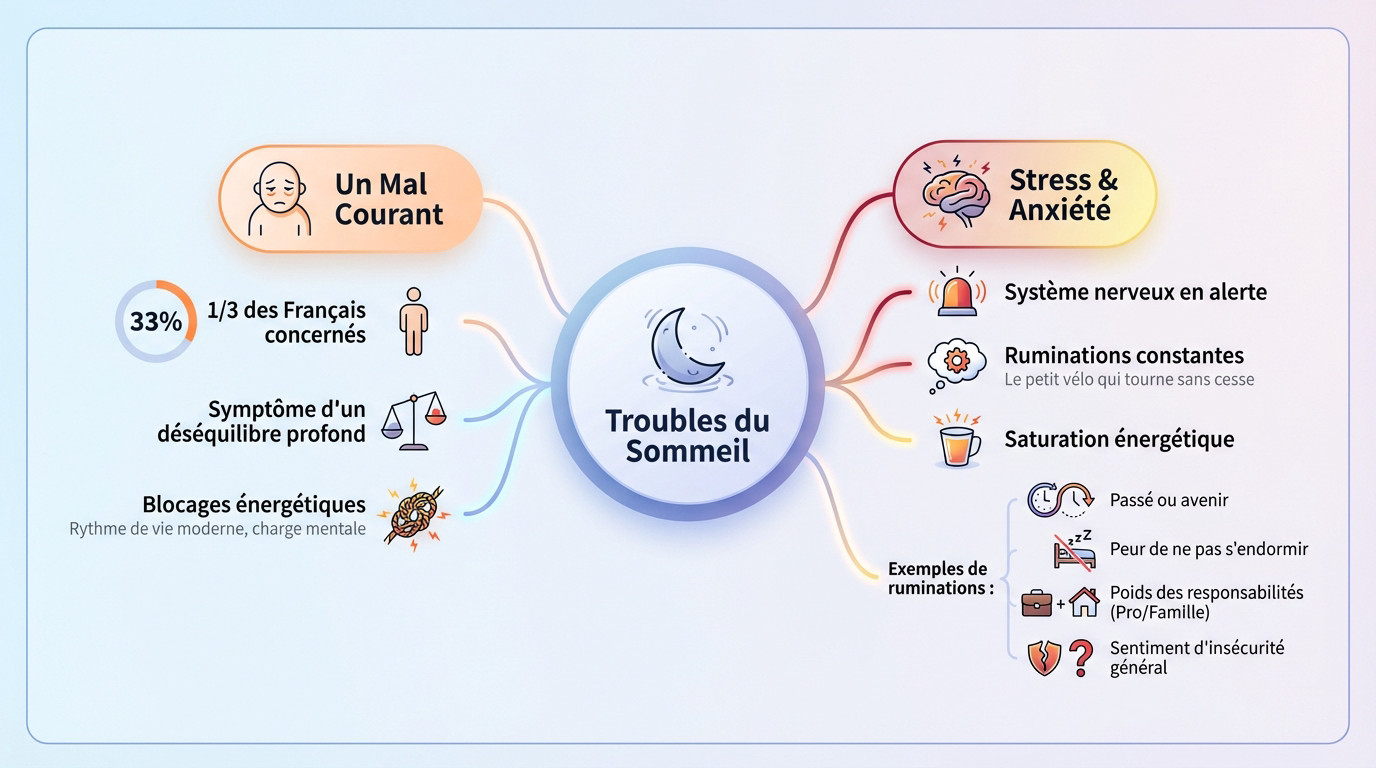 Femme éveillée la nuit regardant le plafond illustrant les troubles du sommeil et l'insomnie