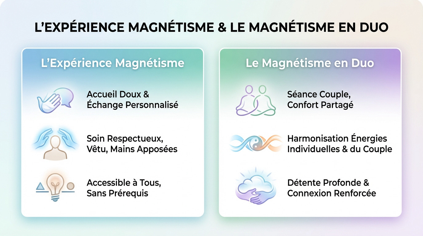 Infographie explicative du déroulement d'une séance de magnétisme individuel et en duo