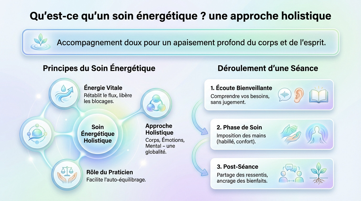 Infographie expliquant les principes et le déroulement d'un soin énergétique holistique