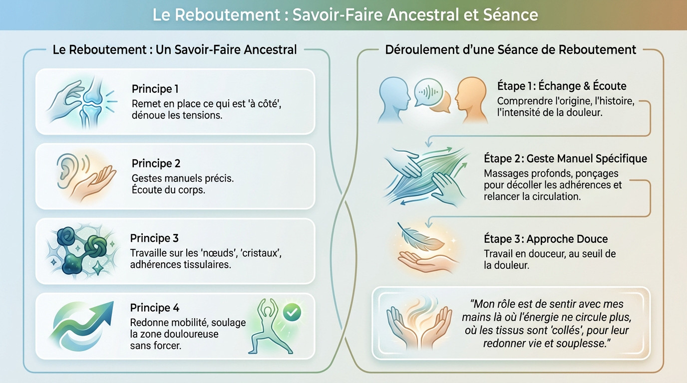 Séance de reboutement douce pour soulager les tensions musculaires et tendinites
