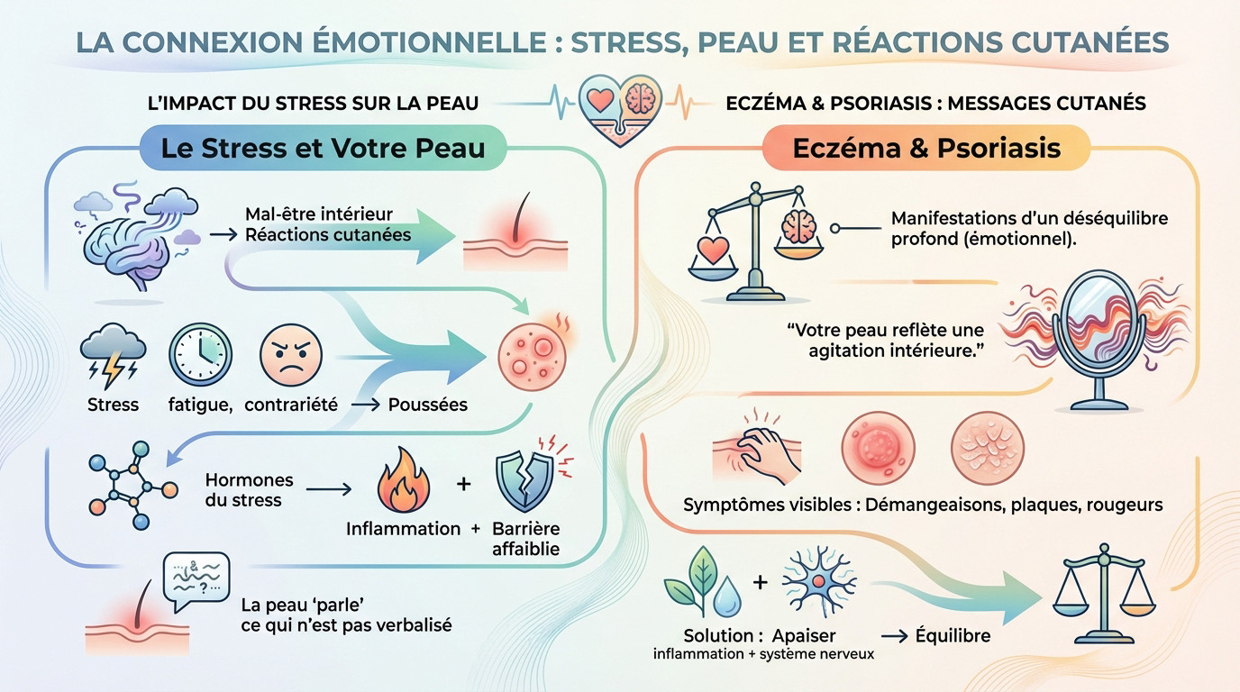 Illustration apaisante montrant le lien entre le stress émotionnel et les réactions cutanées comme l'eczéma