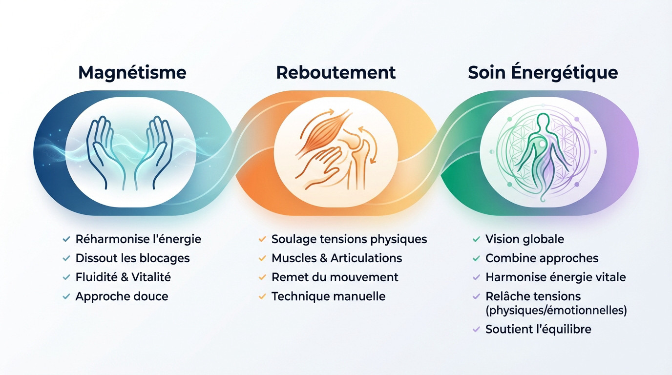 Illustration des trois approches énergétiques : magnétisme, reboutement et soin global pour l'équilibre corps-esprit