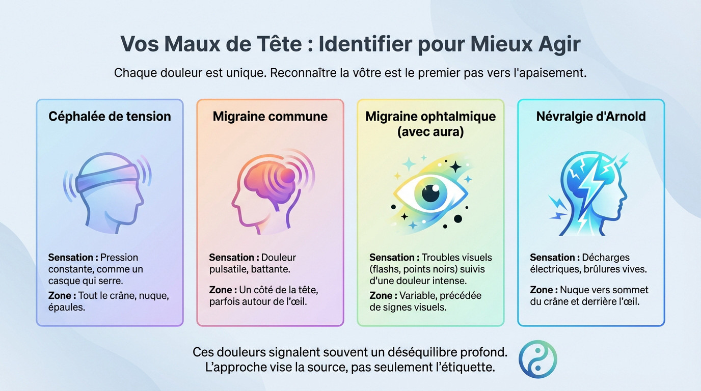 Schéma explicatif des différents types de maux de tête et migraines pour identifier ses douleurs
