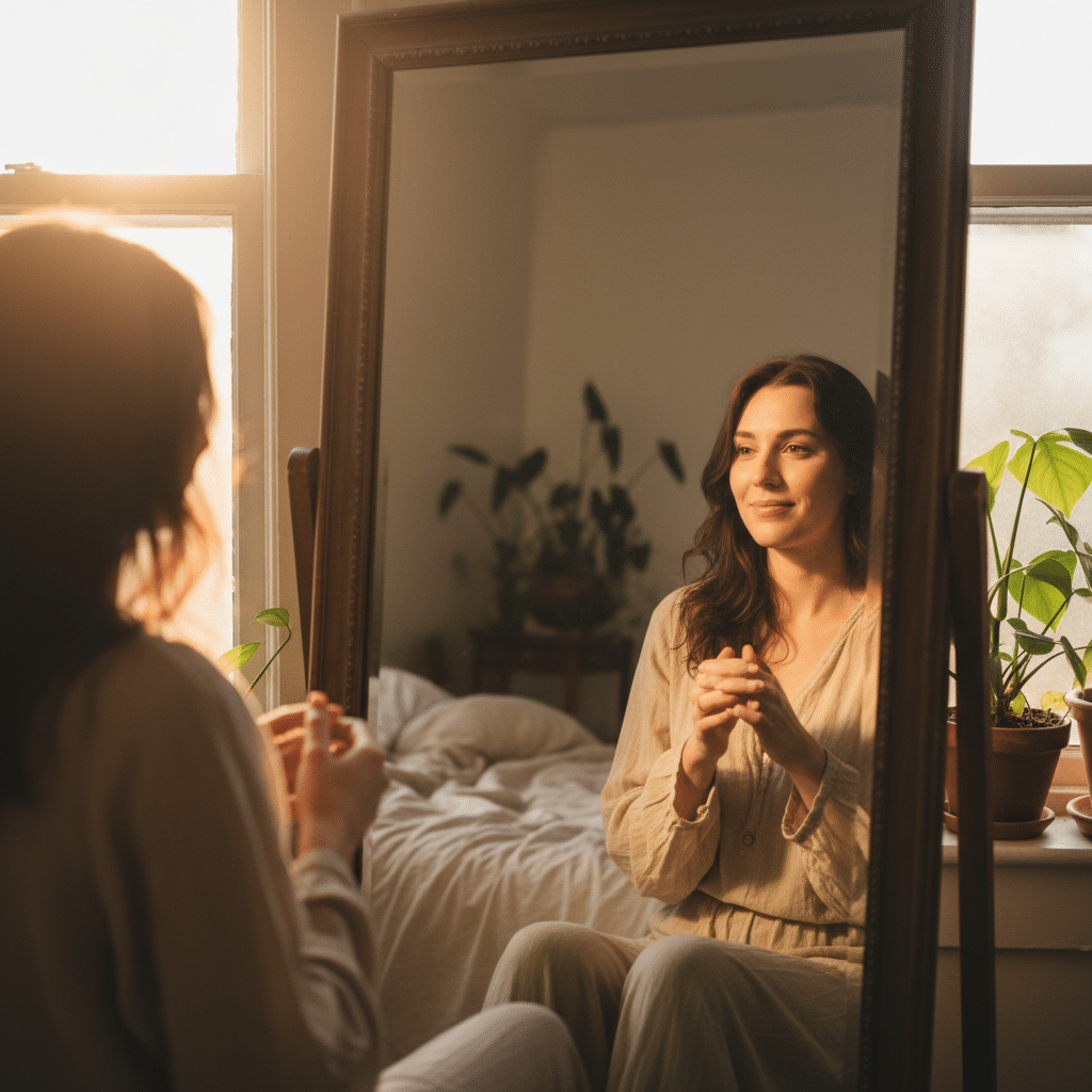Acceptation de soi devant un miroir grace a l hypnose confiance en soi Lyon