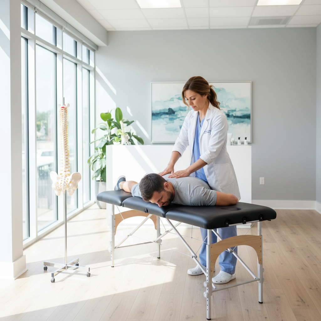 Cabinet d'ostéopathie moderne avec ostéopathe réalisant une manipulation vertébrale sur patient