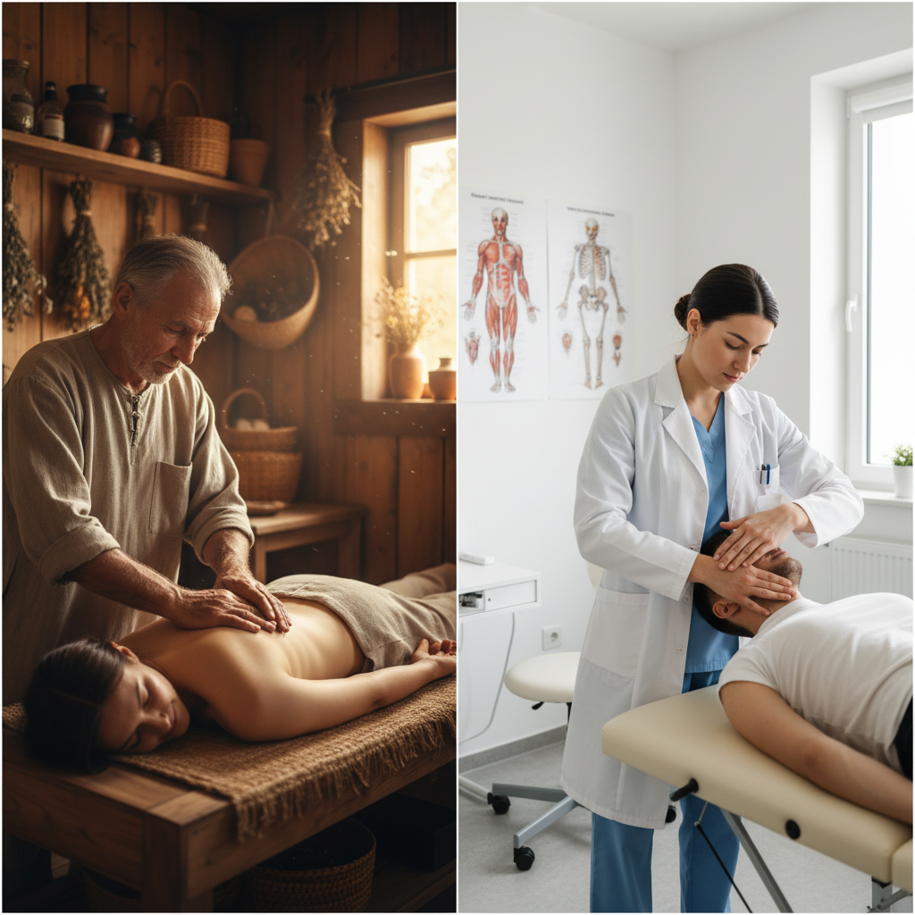 Comparaison visuelle entre un rebouteux traditionnel et un ostéopathe en cabinet moderne - différences clés