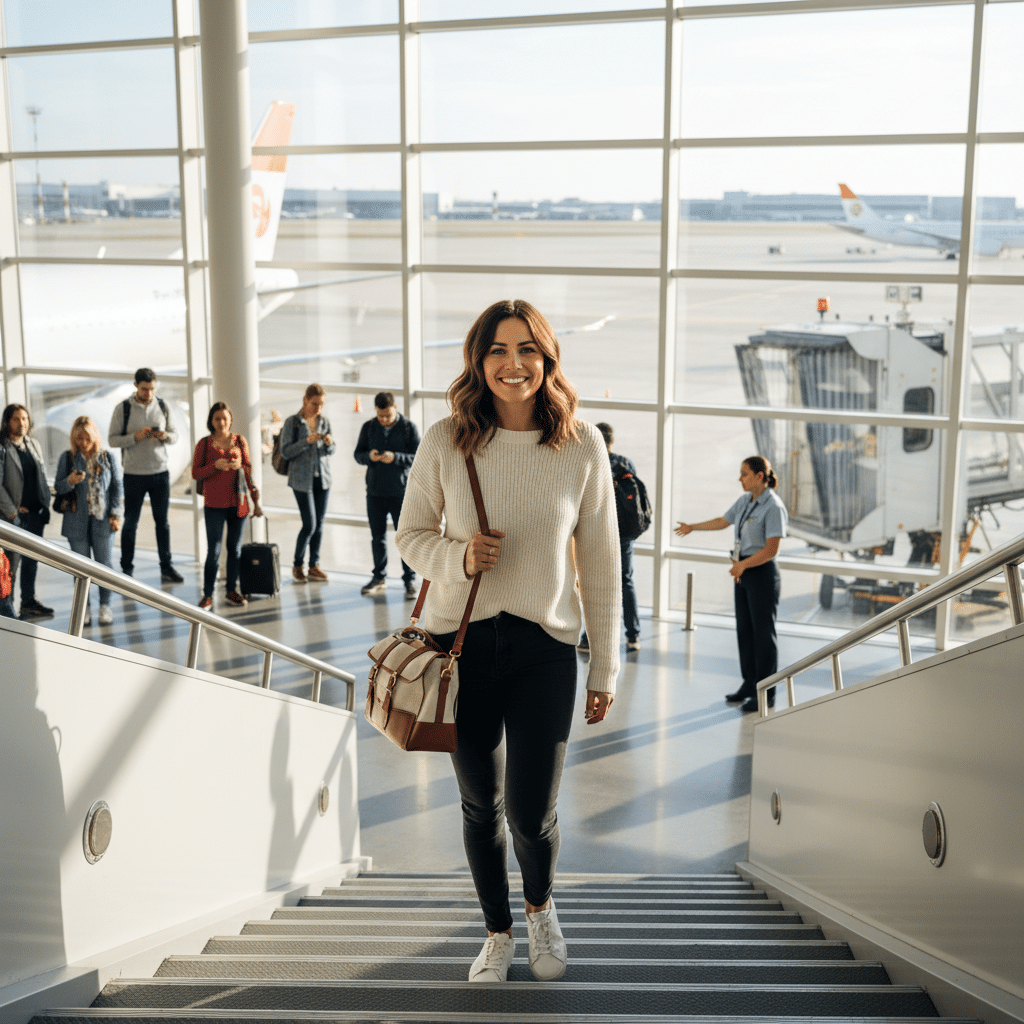 Femme confiante embarquant dans un avion après avoir surmonté sa phobie grâce à l’hypnose à Lyon
