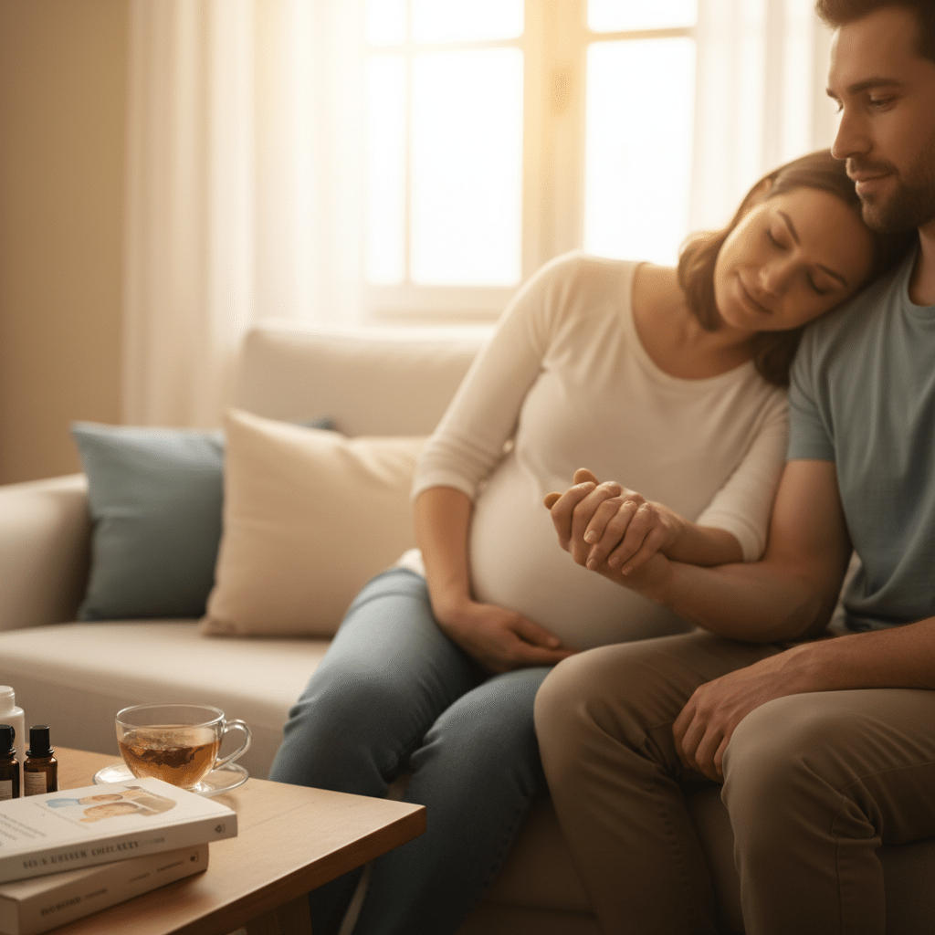 Couple se tenant la main lors d’une séance de préparation à l’accouchement par hypnose à Lyon