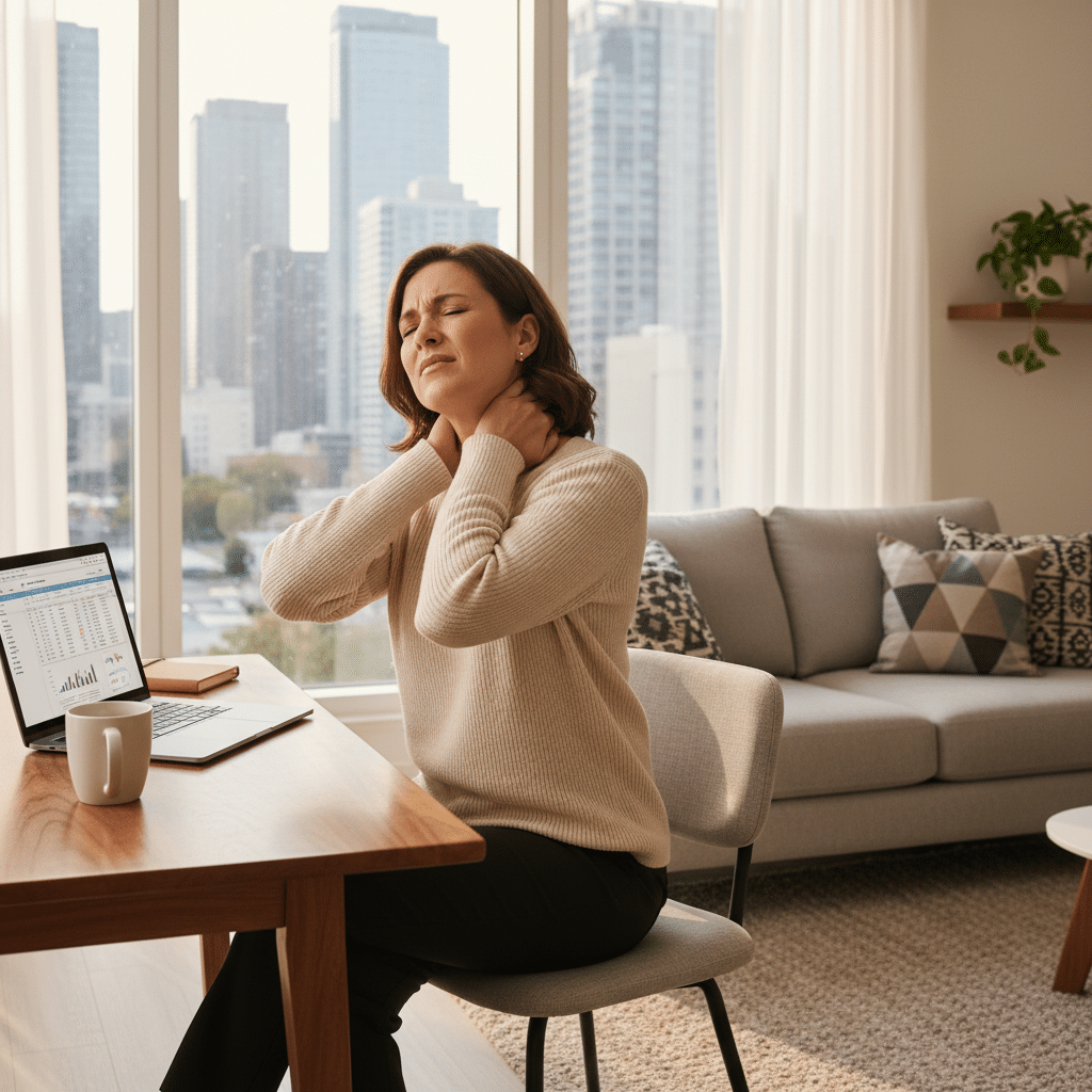 Douleurs cervicales en télétravail - femme souffrant de la nuque devant son bureau