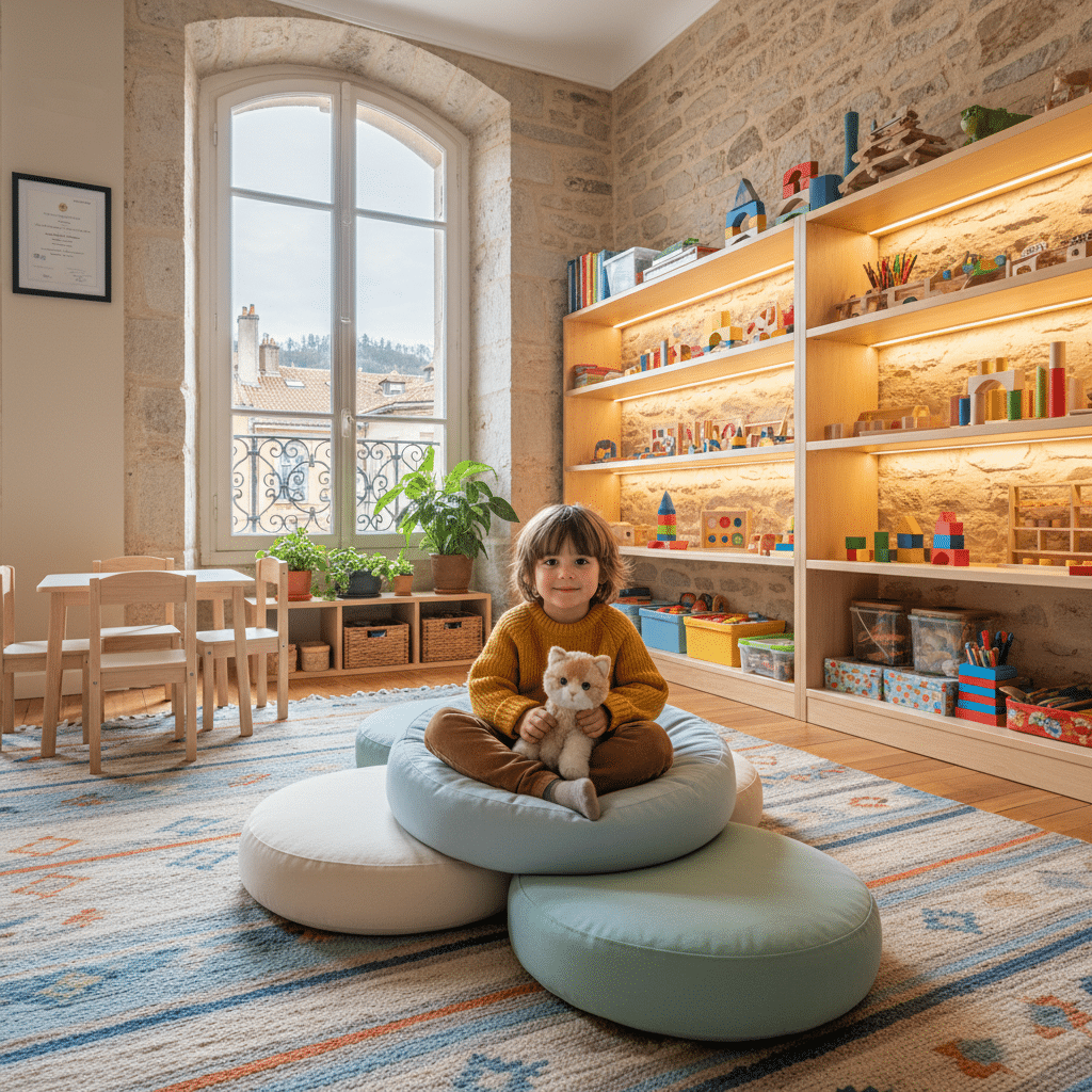 Enfant dans une salle de thérapie sécurisante pour traitement EMDR des traumatismes à Lyon