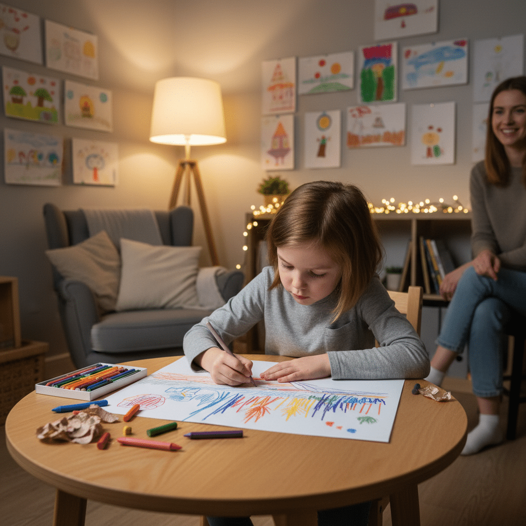 Enfant dessinant lors une séance art-thérapie EMDR pour traiter un traumatisme à Lyon