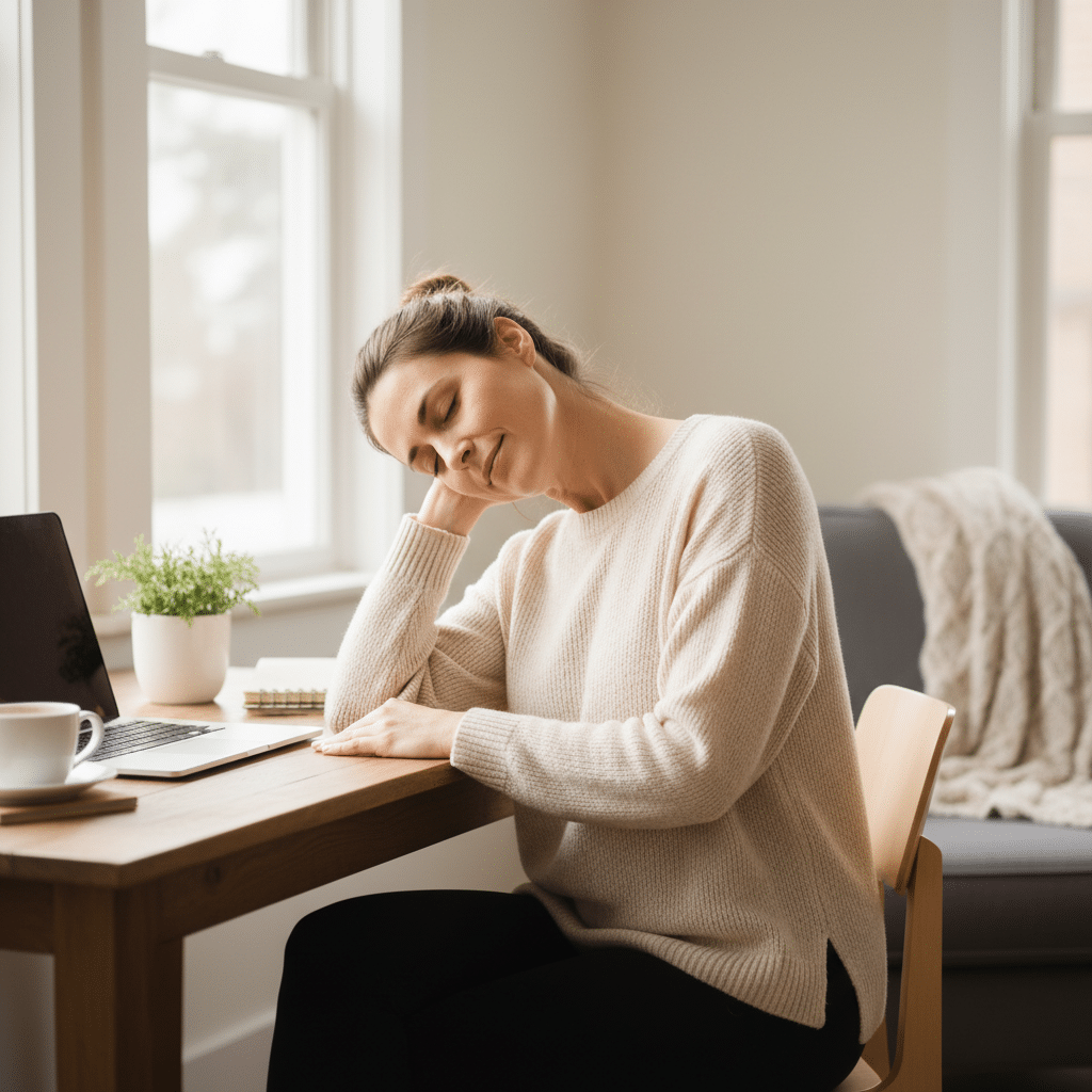 Étirements de la nuque pendant une pause au travail pour soulager les tensions cervicales