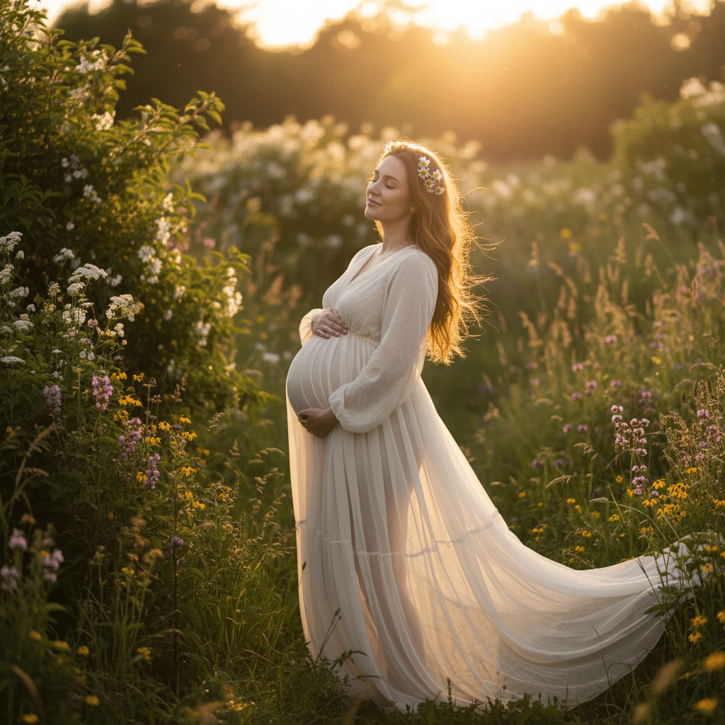 Femme enceinte sereine dans la nature accompagnée par le magnétisme à Lyon