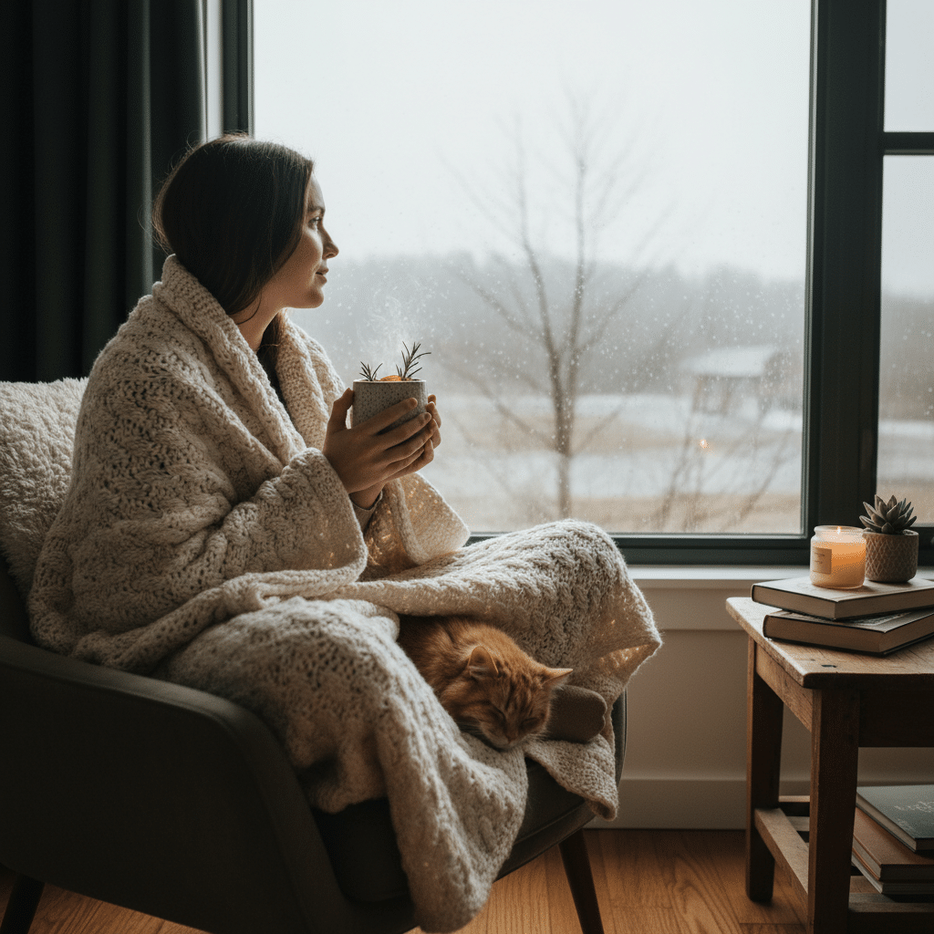 Femme savourant une tisane sous un plaid pres de la fenetre en hiver