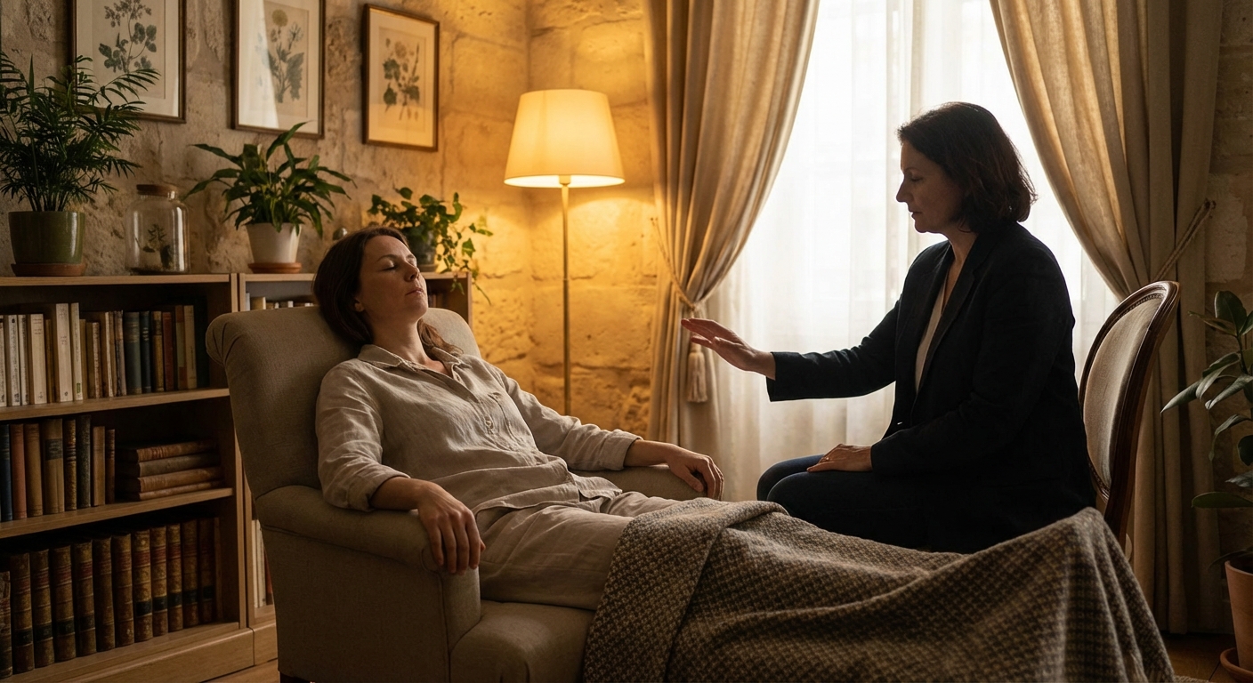 Hypnothérapeute guidant une personne anxieuse vers la détente