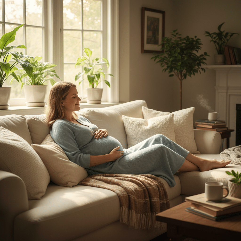 Future maman au repos avec solutions naturelles contre le zona grossesse