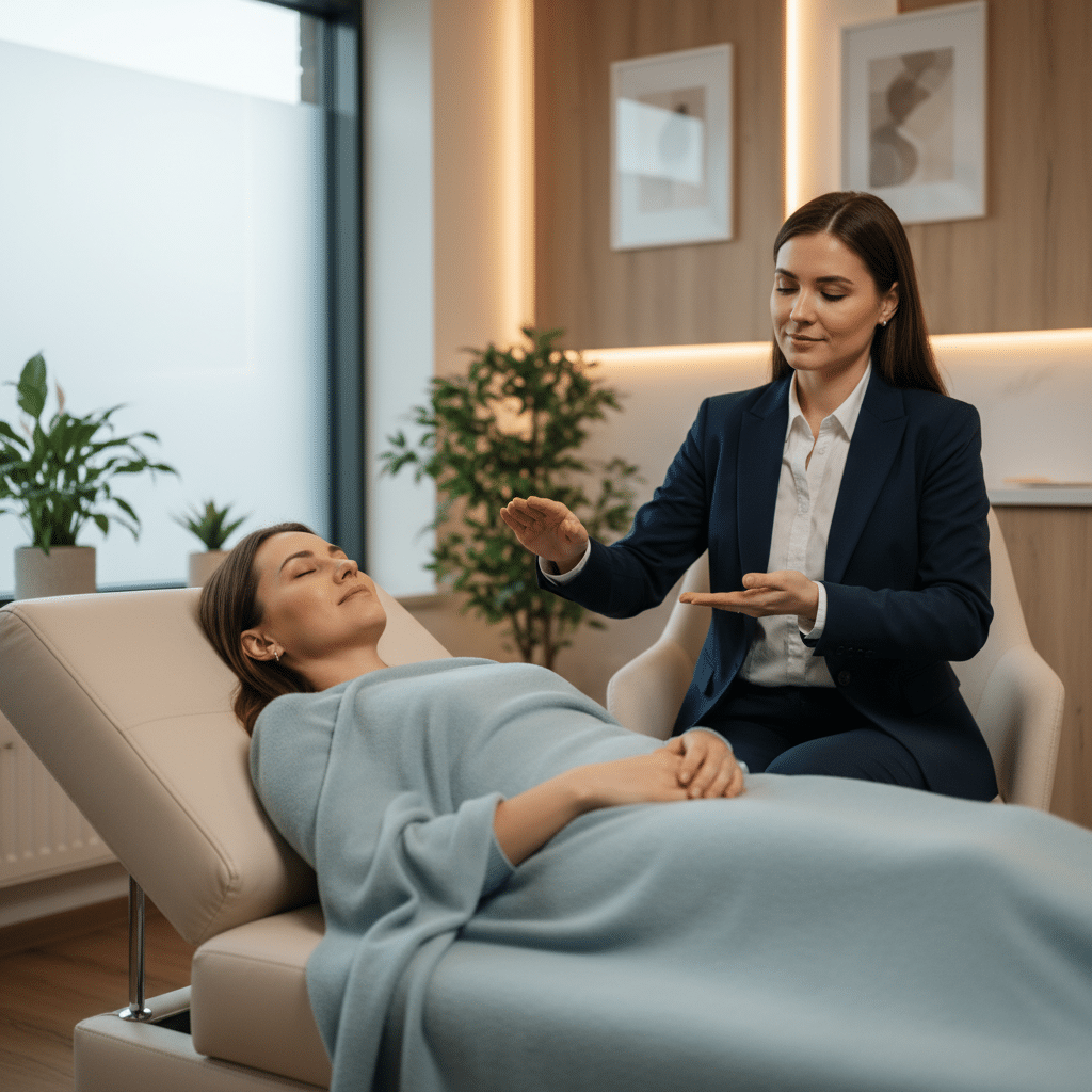 Patiente en relaxation profonde pendant une séance d’hypnose à Meyzieu