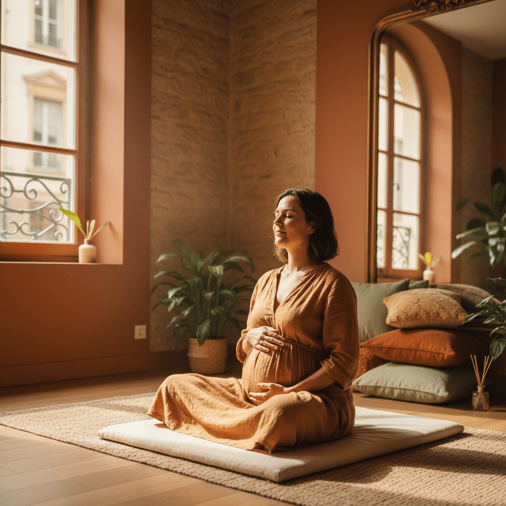 Femme enceinte pratiquant la respiration et la relaxation pour la préparation à l’accouchement par hypnose à Lyon