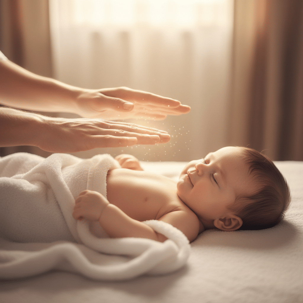 Mains de magnétiseuse apaisant doucement un bébé souffrant de coliques