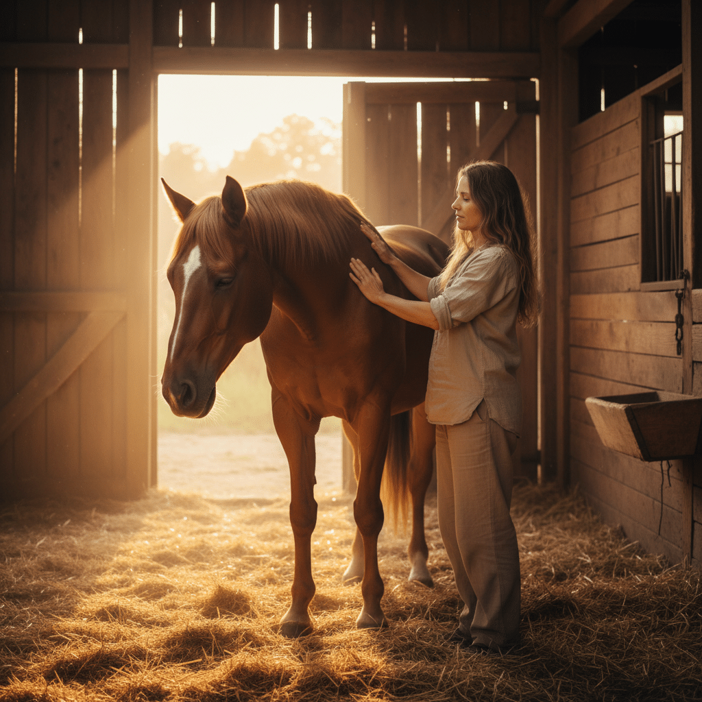 Séance de magnétisme sur un cheval en écurie : soins énergétiques équins