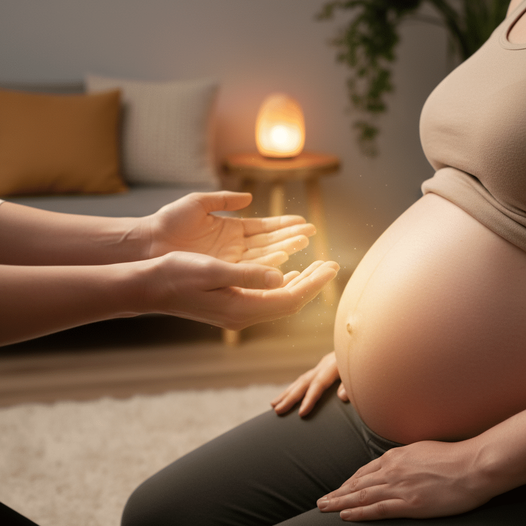 Mains de magnétiseuse pratiquant un soin énergétique sur une femme enceinte