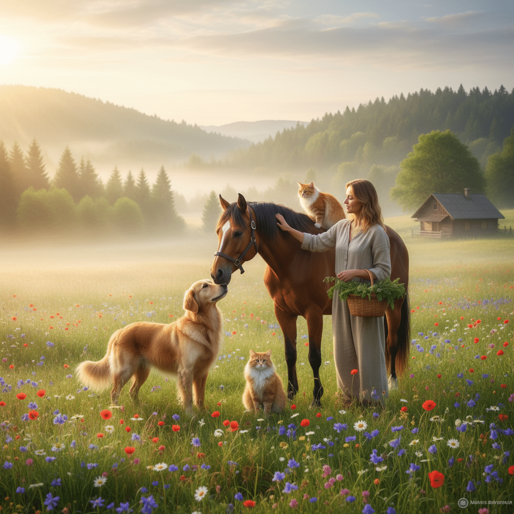 Médecine alternative naturelle pour animaux : chien, chat et cheval dans un cadre naturel