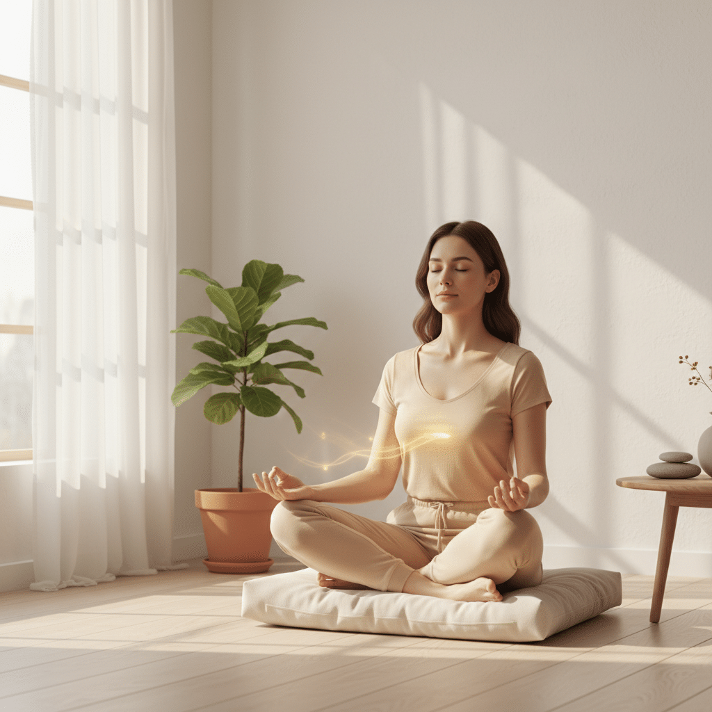 Femme en méditation pendant une séance de magnétisme à distance