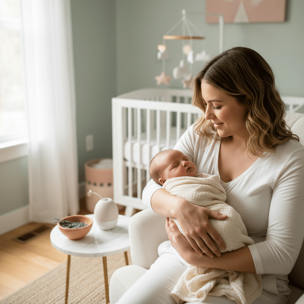 Mère tenant son bébé apaisé après une séance de magnétisme contre les coliques