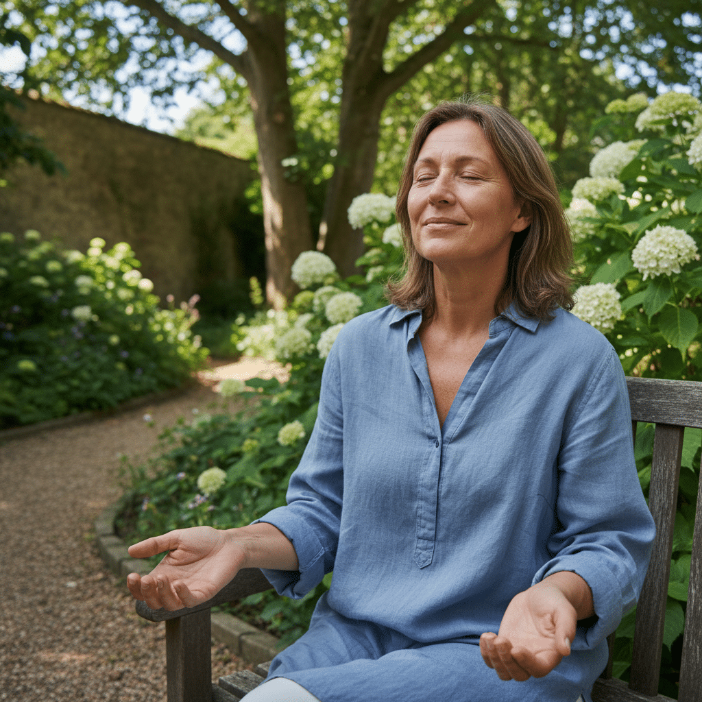 Personne apaisee dans un jardin, silence retrouve apres traitement des acouphenes