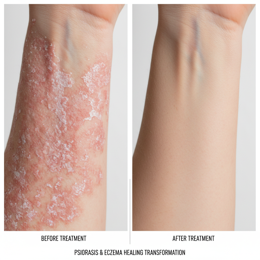 Transformation peau psoriasis eczema avant apres traitement coupeur de feu Lyon