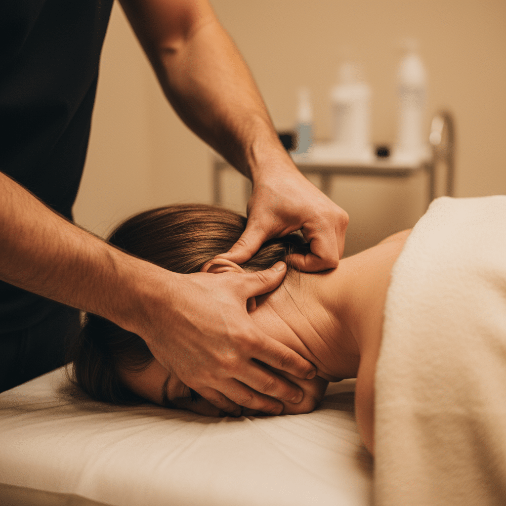 Mains de rebouteux travaillant sur les cervicales - soin traditionnel Lyon