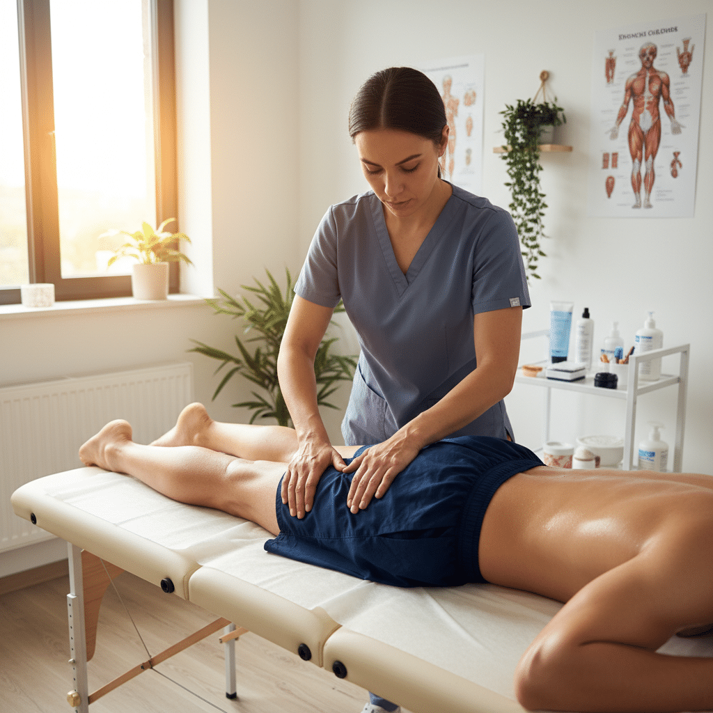 Rebouteux pour sportifs à Lyon : thérapie manuelle sur les muscles des jambes pour la récupération