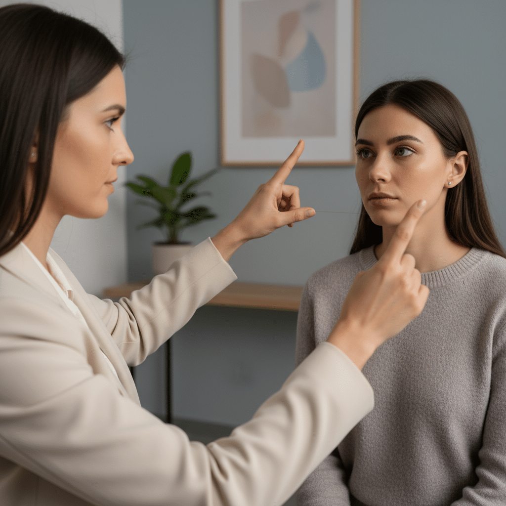 Séance EMDR avec thérapeute guidant les mouvements oculaires pour traiter le deuil