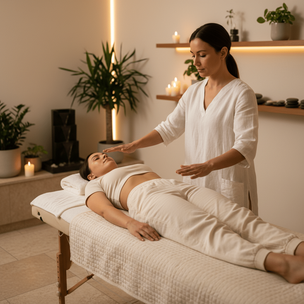 Séance de magnétisme énergétique sur le corps pour soulager la fibromyalgie