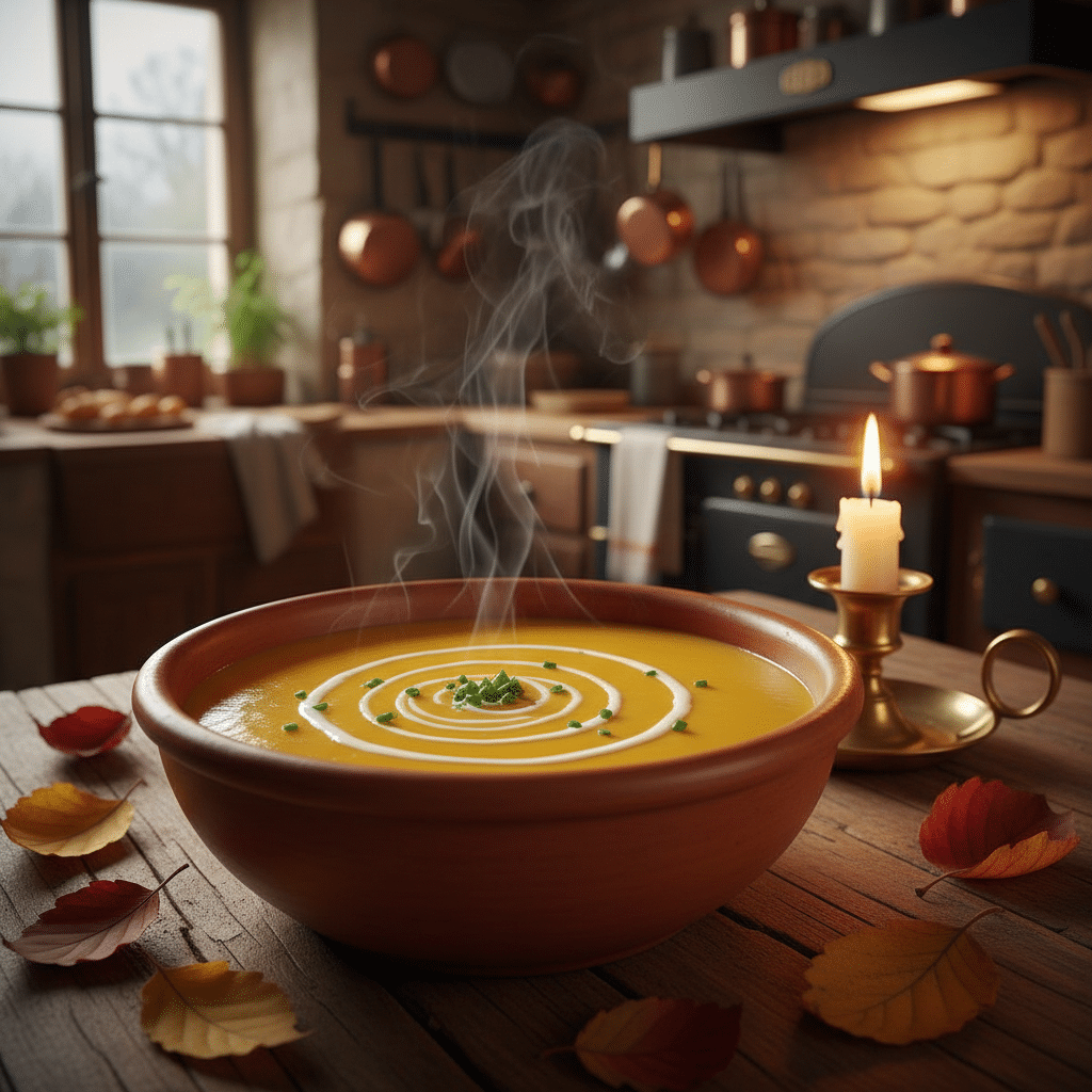Soupe de potiron fumante, reconfort hivernal avec bougie