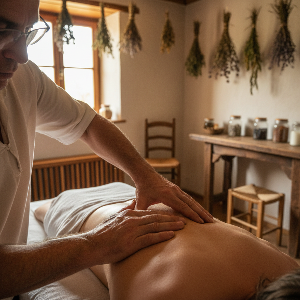 Mains expertes d'un rebouteux pratiquant une technique traditionnelle de manipulation manuelle