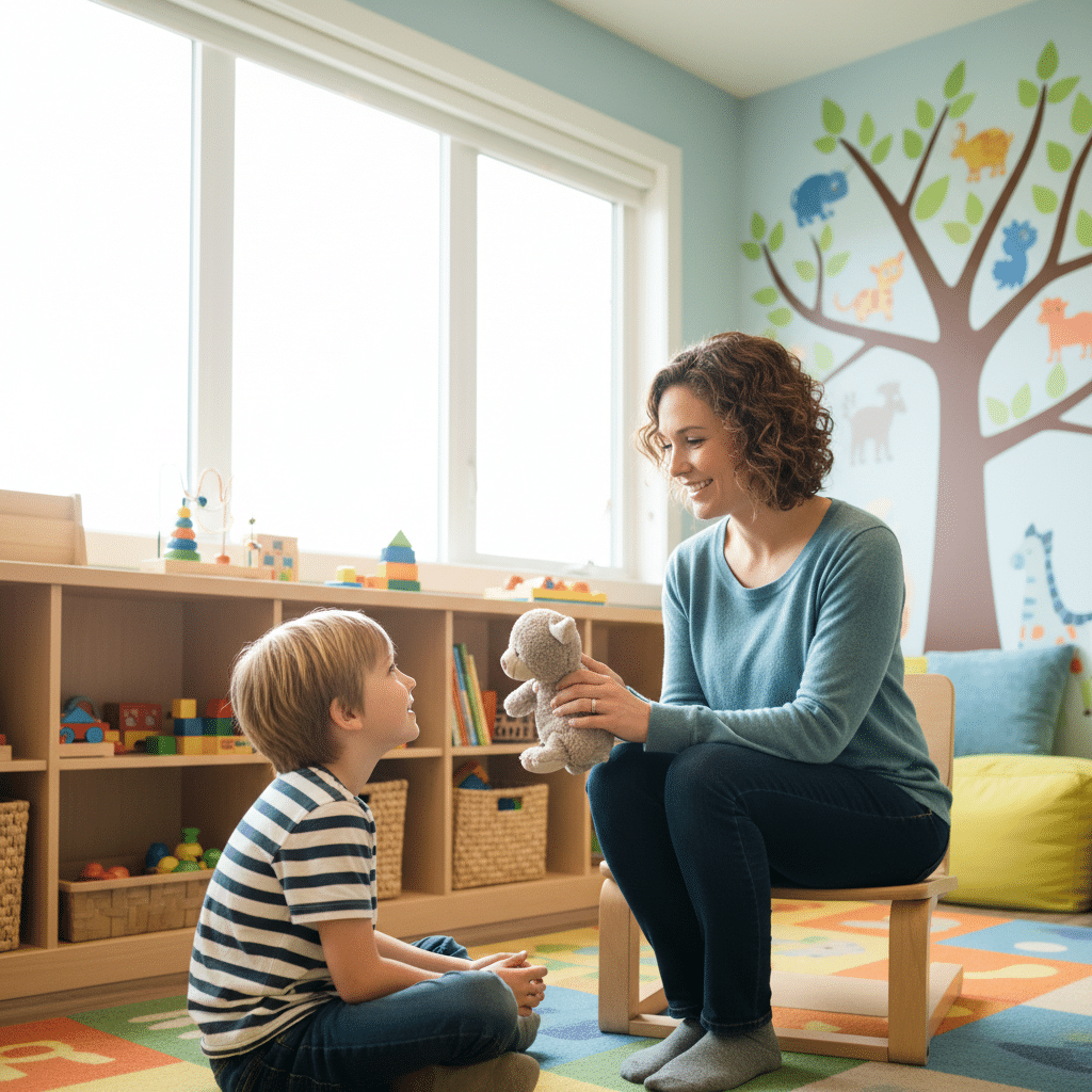 Thérapeute EMDR accompagnant un enfant en douceur dans son cabinet à Lyon