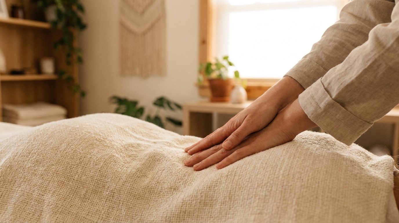 Palpation manuelle de la zone lombaire lors d'une séance de reboutement