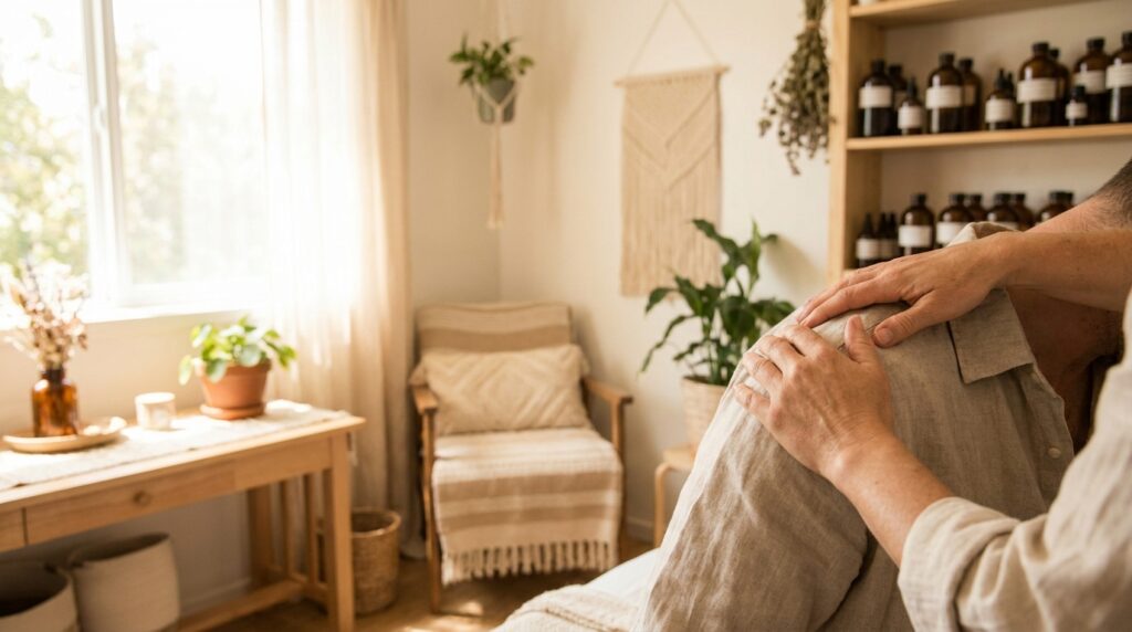 Mains d'une rebouteuse posées avec douceur sur une épaule dans un cabinet chaleureux